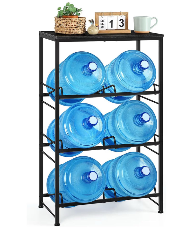 3-Tier Water Bottle Organizer Rack with Wood Top Shelf – Heavy Duty Storage Holder for 6 Five-Gallon Jugs