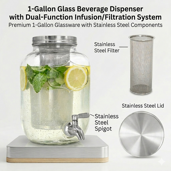 1-Gallon Glass Drink Dispenser & Cold Brew Coffee Maker – Mason Jar Style with Stainless Steel Spigot & Ice/Tea Infuser