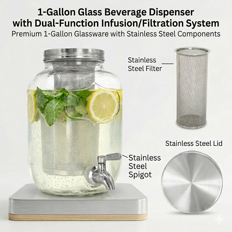 1-Gallon Glass Drink Dispenser & Cold Brew Coffee Maker – Mason Jar Style with Stainless Steel Spigot & Ice/Tea Infuser