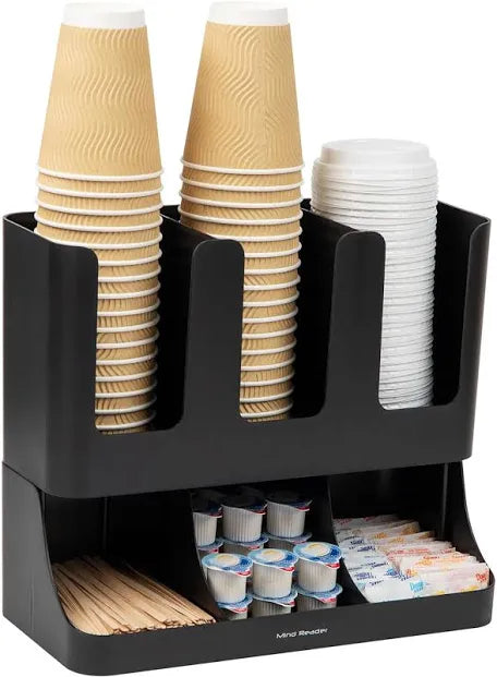 Mind Reader 6 Compartment Upright Breakroom Coffee Condiment and Cup Storage Organizer, Black, 13.5 x 4.30 x 12